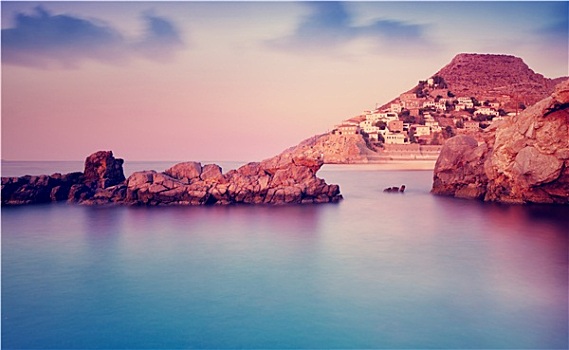 希腊,岛屿,紫色,日落