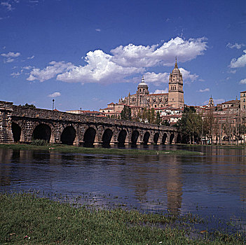 萨拉曼卡,风景,罗马桥,上方,河,大教堂,背景