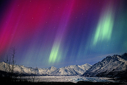 红色,粉色,绿色,极光,上方,冰河,阿拉斯加