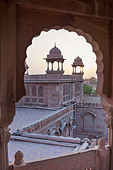 屋顶,宫殿,比卡内尔,日落,印度