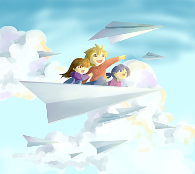 插画,高兴,孩子,纸飞机,飞,阴天,渴望