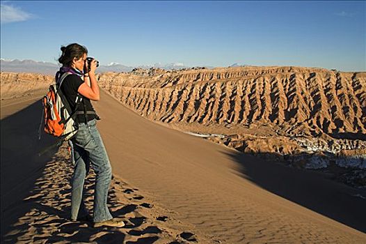 女人,摄影,沙丘,月亮,山谷,阿塔卡马沙漠,南美