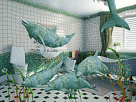 海豚,浴室,室内