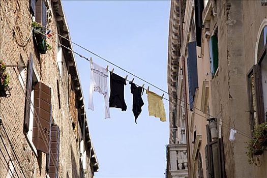 晾衣绳,成串,两个,房子,威尼斯,意大利,欧洲