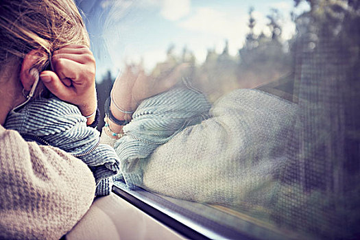 女人,睡觉,靠近,窗户,列车