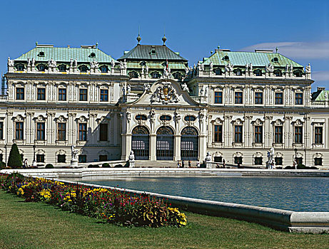 奥地利,维也纳,宫殿,观景楼,公园,夏天,建筑,风格,巴洛克,花,花坛