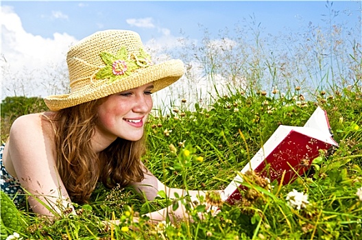 女孩,读,书本,草地