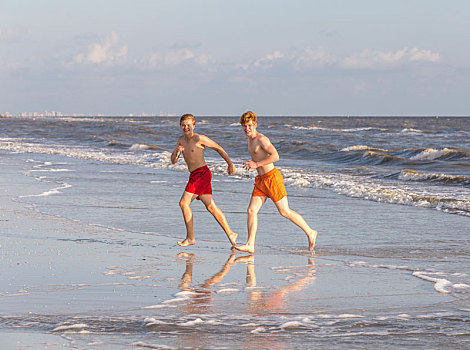 青少年,享受,慢跑,海滩
