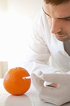 科学家,注射,液体,橙子