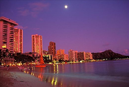 夏威夷,瓦胡岛,钻石海岬,黎明,满月,酒店,光亮