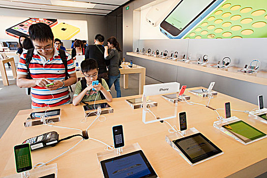 中国,香港,苹果,商店,父子,看,苹果手机
