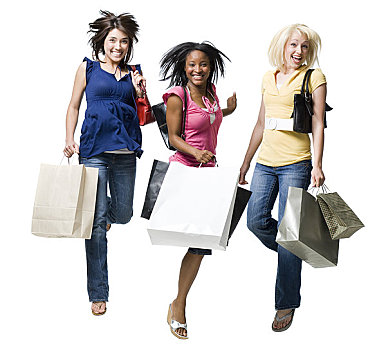 三个女人,购物袋,微笑,跳跃