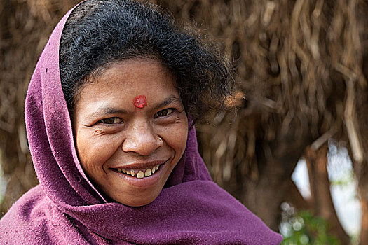尼泊尔人,女人,紫色,围巾,微笑,头像,尼泊尔,亚洲