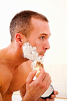 男人,泡沫,剃须泡沫,浴室