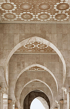 拱廊,哈桑二世清真寺,大,哈桑二世,摩尔风格,建筑,卡萨布兰卡,摩洛哥,非洲