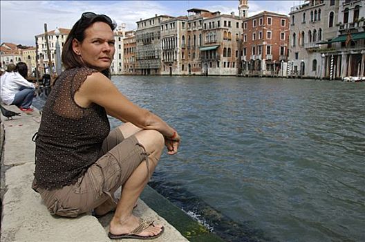 坐,女人,石头,大运河,威尼斯,威尼托,意大利,欧洲