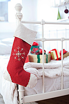 圣诞袜,沙发,把手,礼盒
