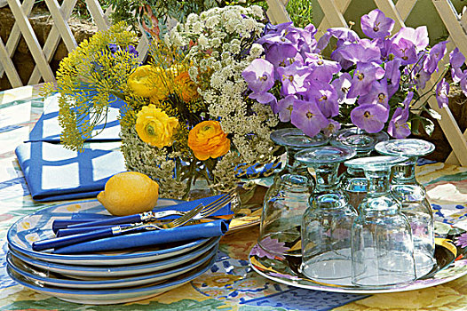 瓷器,餐具,花,桌上,户外