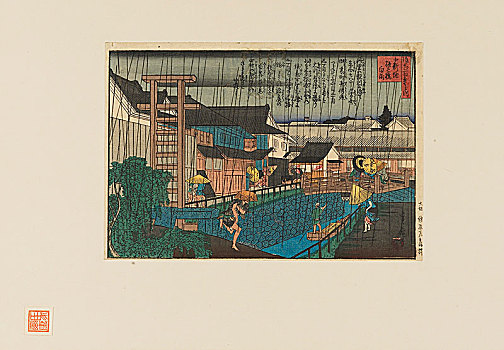 雨,场景,大阪,人,伞,19世纪,艺术家