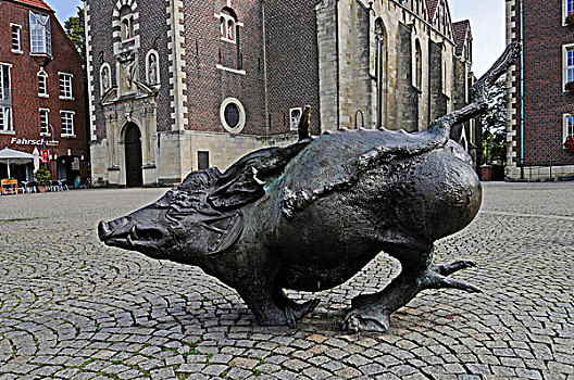 野猪,雕塑,市场,明斯特地区,区域,北莱茵威斯特伐利亚,德国,欧洲