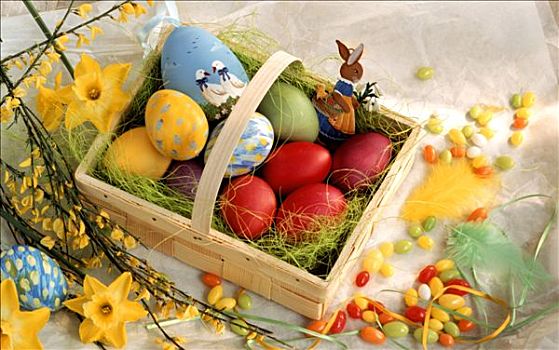 色彩,复活节彩蛋,盛屑篮,糖豆,春花