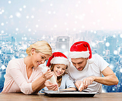 家庭,圣诞节,高兴,人,概念,微笑,圣诞老人,帽子,糖衣浇料,烹调,上方,雪,城市,背景