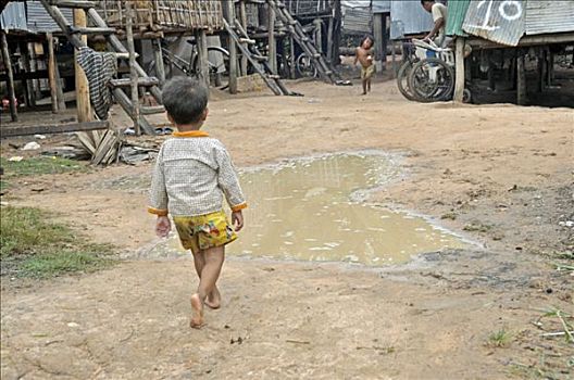 小男孩,跑,贫民窟,收获,柬埔寨,亚洲
