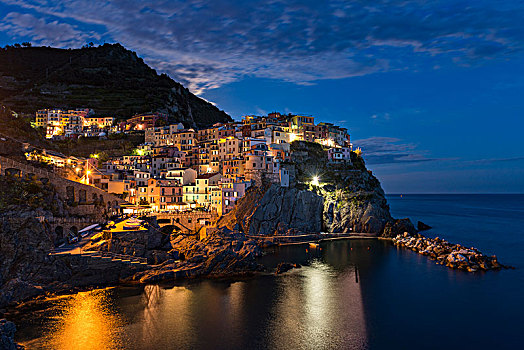 城镇风光,渔村,马纳罗拉,黄昏,五渔村,利古里亚,意大利,欧洲