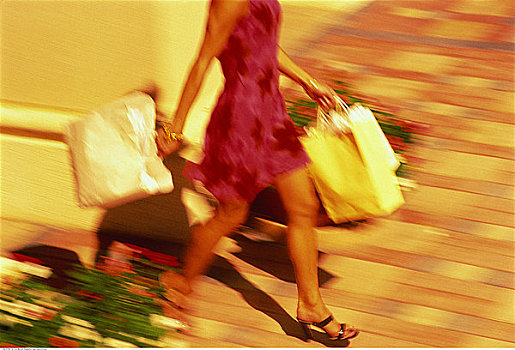女人,走,街上,购物袋