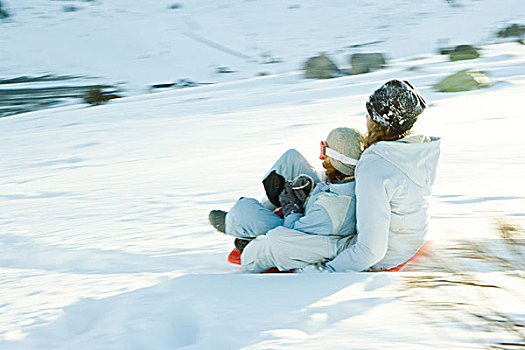 孩子,朋友,滑雪橇,山,一起,动感