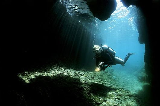 潜水者,探索,水下,洞穴,阿曼,阿拉伯半岛,中东,印度洋