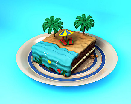 插画,图像,蛋糕,海滩,概念,度假