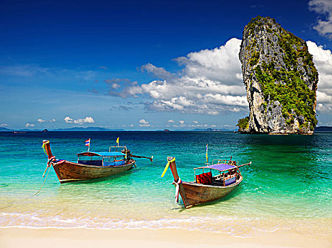 长,尾部,船,热带沙滩,安达曼海,泰国