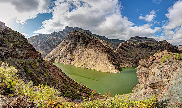 水库,绿色,湖,山,火山口,风暴,区域,大卡纳利岛,加纳利群岛,西班牙,欧洲