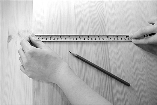 两只,手,测量,木板,钢铁,卷尺
