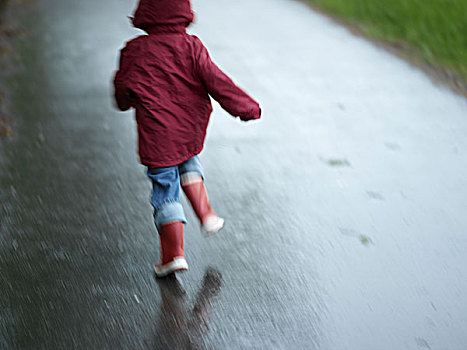 街道,孩子,外套,帽子,男孩,3岁,胶靴,急促,有趣,雨天,户外