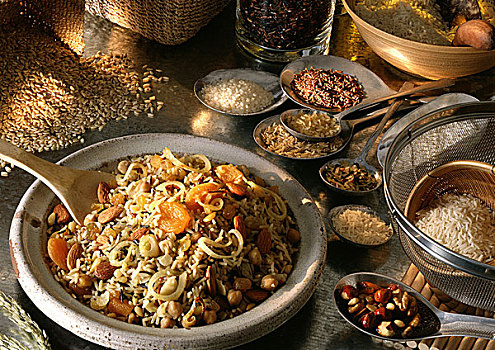 烹饪,盘子,米饭,干果,坚果,围绕,多样,干燥,谷物,种子
