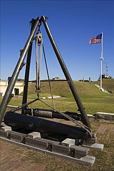 大炮,堡垒,美国国旗,摆动,背景,岛屿,查尔斯顿,南卡罗来纳,美国