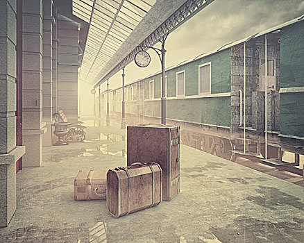 雾,复古,铁路,火车站,旧式,彩色,风格,概念