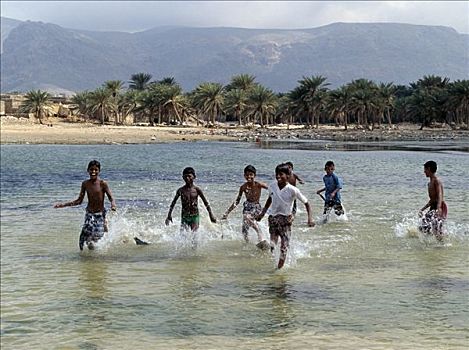 孩子,享受,赛船,泻湖,重要,渔村,西北地区,索科特拉岛