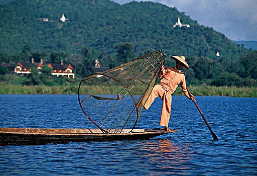 捕鱼者,站立,渔船,拿着,渔网,茵莱湖,缅甸