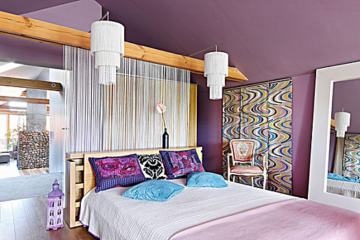 卧室,紫色,墙壁,双人床,白色,线,帘,分隔