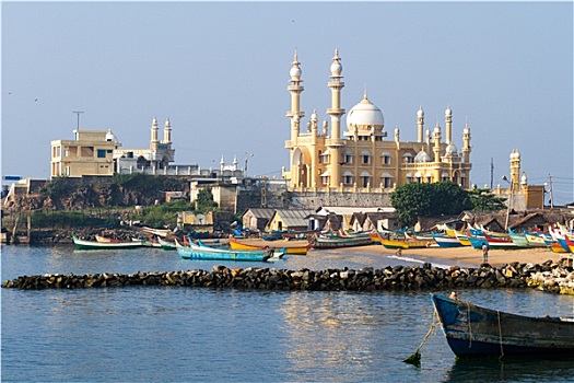 捕鱼,港口,清真寺,背景