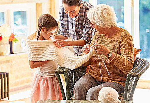 祖母,编织品,围巾,孙女
