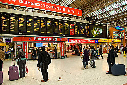 维多利亚站,火车站,正殿,正厅,旅行者,看,离开,伦敦,英格兰,英国,欧洲