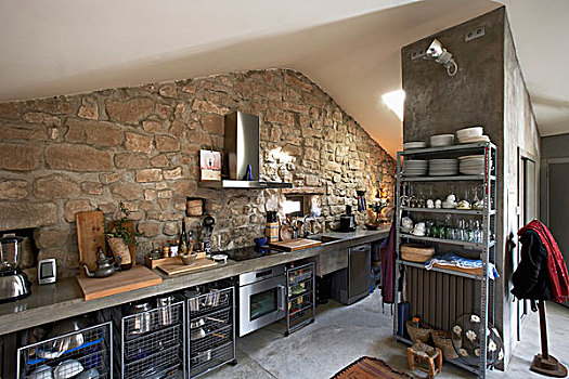 现代,厨房操作台,石墙,阁楼,房间