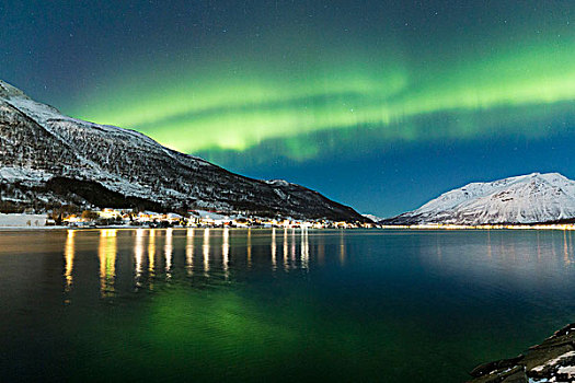 北极光,上方,峡湾,阿尔卑斯山,特罗姆斯,挪威,拉普兰,欧洲