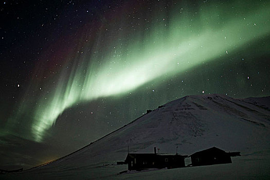 绿色,北极光,高处,两个,小,小屋,斯匹次卑尔根岛,斯瓦尔巴特群岛,挪威,欧洲