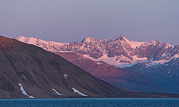 山,晨光,奥斯卡,峡湾,东北方,格陵兰,国家公园,北美