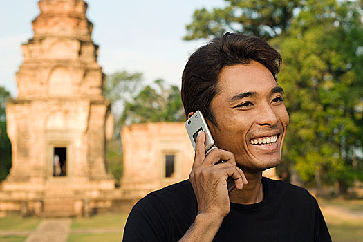 男人,手机,正面,吴哥,庙宇,收获,柬埔寨
